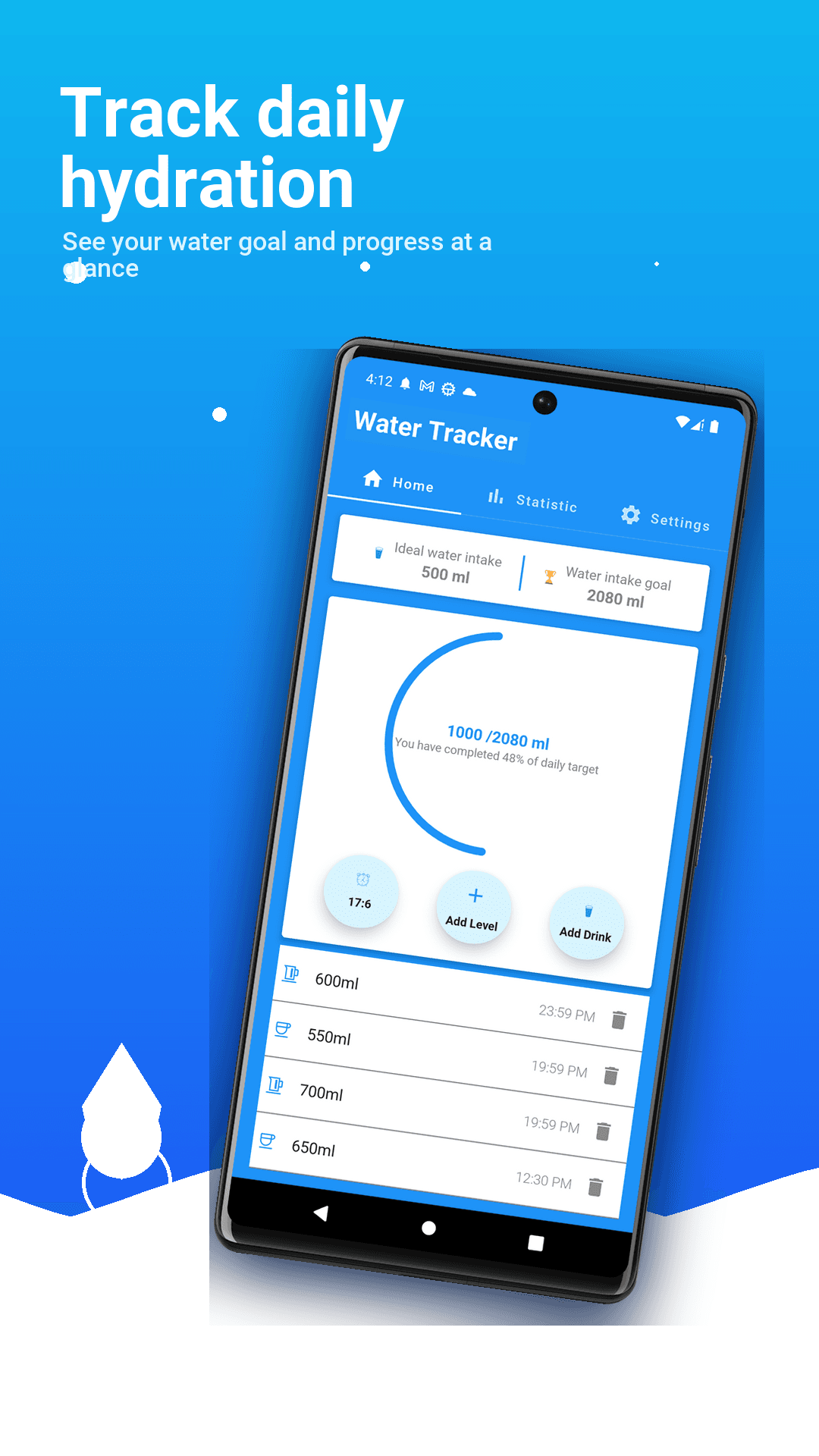 Daily hydration tracking home screen